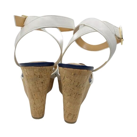 Tommy Hilfiger Sandals Womens 9.5 White Wedge Ankle Strap Buckle Logo Open Toe - Picture 3 of 7